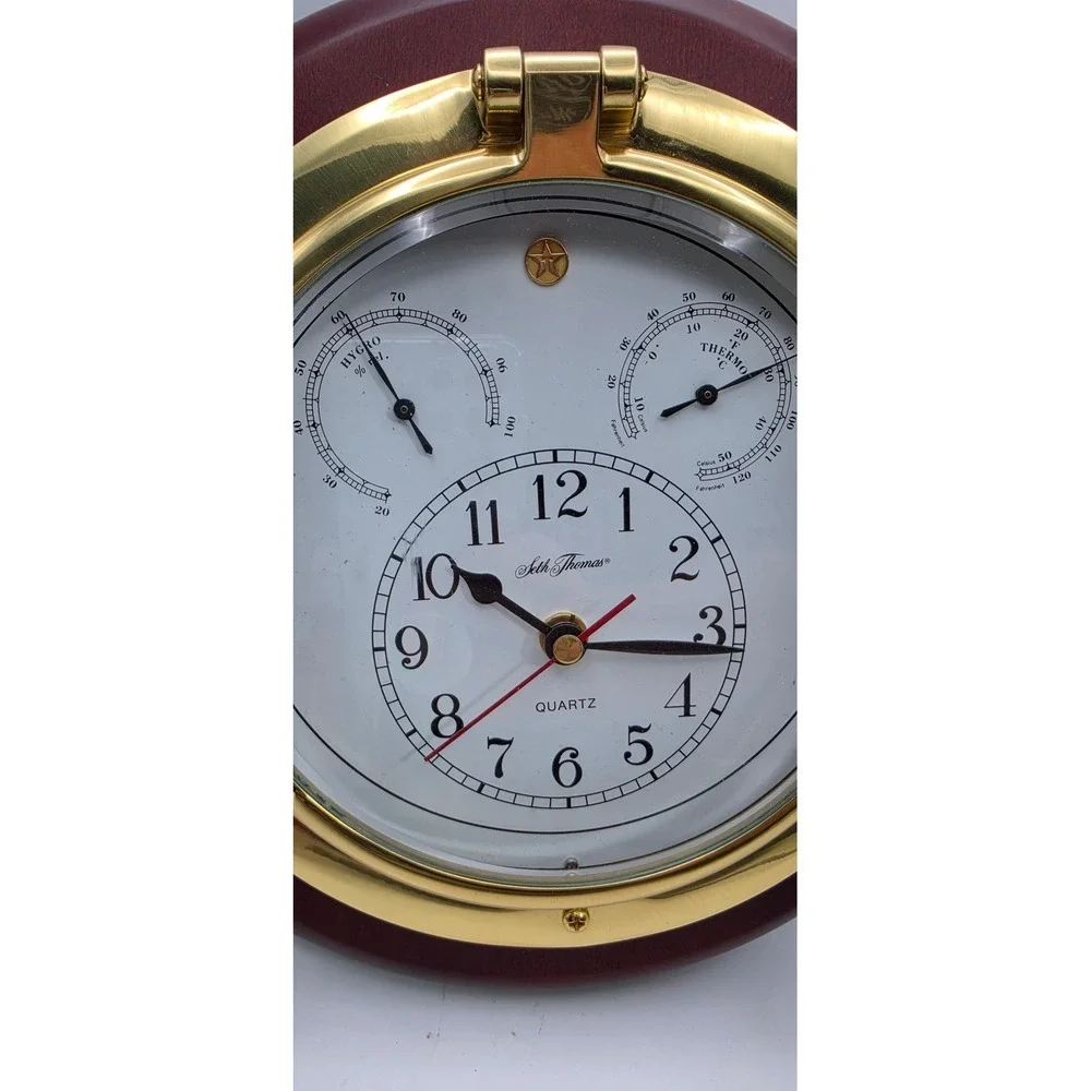 Seth Thomas Meridian 1046 Porthole Wall Clock Brass Wood Nautical Weather Heavy